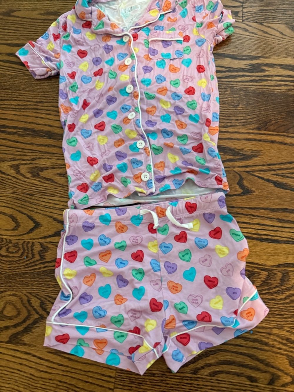 Katie J NYC Pink Short Pajama Set with Multicolor Conversation Hearts